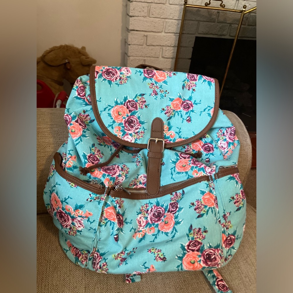 Mudd Teal Floral Drawstring Backpack - image 2